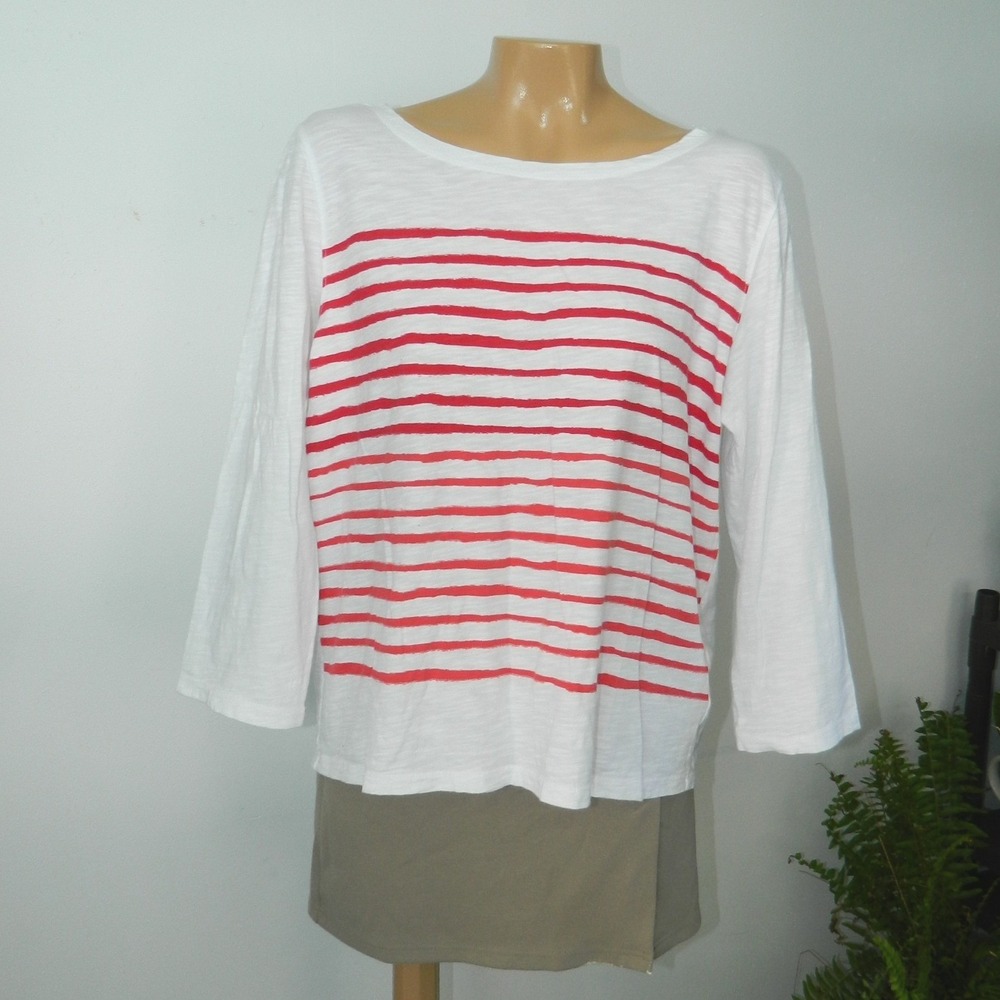 Lilla P Breton Stripe Boat neck Top Womens Large White Red 3/4 Sleeve Cotton